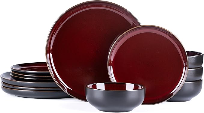 GBHOME Dinnerware Sets for 4, 12 Pieces Stoneware Plates and Bowls Sets, Scratch Resistant Ceramic Dishes, Dishwasher & Microwave Safe, Reactive Glaze-Burgundy