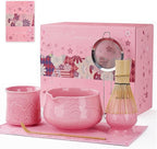 ZENS 7pcs Matcha Set, Matcha Whisk Set Includes Pink Bowl and Cup for Bamboo Whisk, (Chasen Holder), Scoop, 304 Sifter and Tea Mat, Pink Matcha Kit for Matcha Lovers