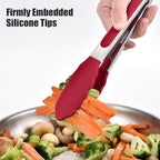 Doosu Kitchen Tongs for Cooking - 600°F Heat Resistant Food Tong Set with Non-Scratch Silicone Tips, Heavy Duty Stainless Steel Locking Tong for BBQ, Grilling Steak, Serving Salad (9+12in, Red)