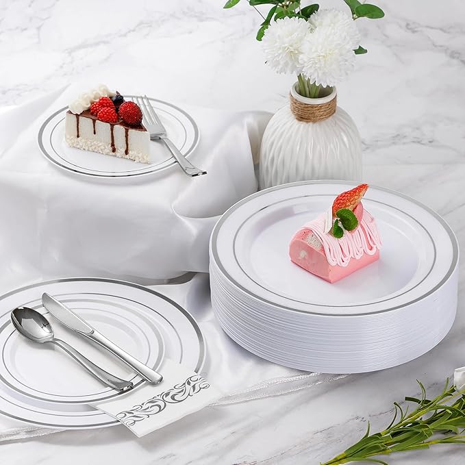 Goodluck 700 Pieces Silver Dinnerware Set for 100 Guests, Disposable Plastic Plates for Party, Include: 100 Dinner Plates, 100 Dessert Plates, 100 Paper Napkins, 100 Cups, 100 Silverware set