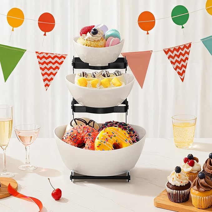 Lifewit 3 Tier Plastic Serving Bowls with Black Metal Stand, Chips and Dip Serving Tray Set for Entertaining Party, Crack-Proof Serving Platters for Fruit/Snack/Candy, 31 x 20 x 27 cm/12 x 8 x 10.6