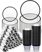 BESTVIP 350Pcs Clear Black Plastic Plates for Party, Disposable Dinnerware Set for 50 Guests, 100 Plastic Plates, 50 Cups, 50 Pre-Rolled Napkins with Cutlery for Graduation Party, Wedding, Halloween