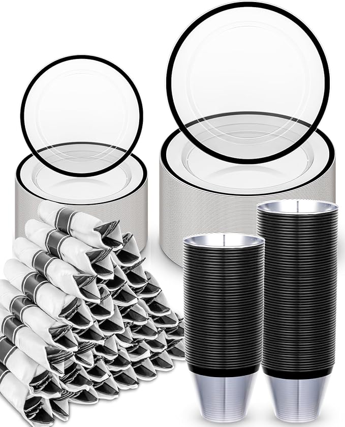 BESTVIP 350Pcs Clear Black Plastic Plates for Party, Disposable Dinnerware Set for 50 Guests, 100 Plastic Plates, 50 Cups, 50 Pre-Rolled Napkins with Cutlery for Graduation Party, Wedding, Halloween