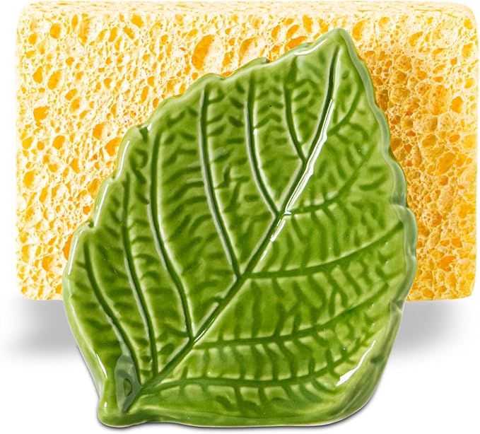 dgudgu Leaf Sponge Holder for Kitchen Sink – Teal Green Ceramic Sponge Caddy, Decorative Leaf Shaped Sink Organizer, Nature Inspired Kitchen Décor, Dishwasher Safe