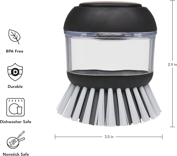 KitchenAid Soap Dispensing Palm Brush with Built in Easy to Fill Soap Dispenser, Non Slip Grip for Easy Cleaning, Safe on Non Stick Cookware, 2.95 x 2.17 x 3.54 inches, Black