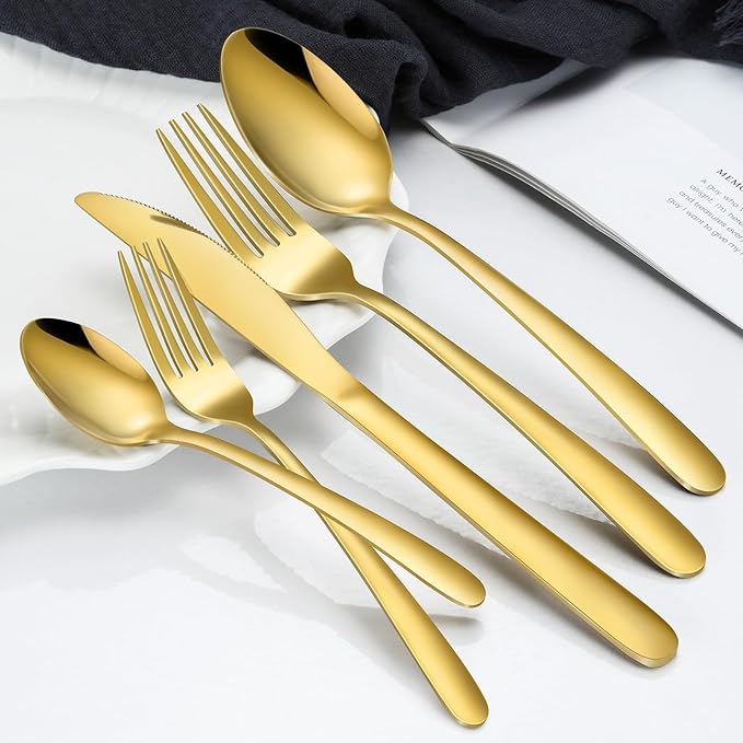 60-Piece Gold Silverware Set - Stainless Steel Silverware Set for 12, Includes Forks Spoons and Knives, Utensil Sets for Home Kitchen Restaurant, Dishwasher Safe