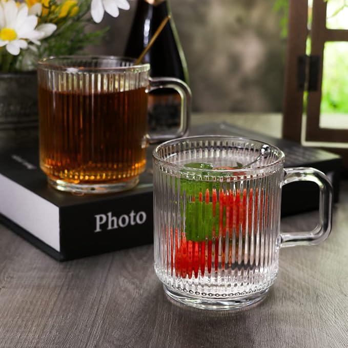 Clear Glass Coffee Mug Set of 4, 12 Ounces Ribbed Glassware with Spoon, Classic Vertical Stripes Tea Mugs for Soda, Latte, Espresso, Cappuccino, Gift for Birthday Holidays Wedding Anniversary