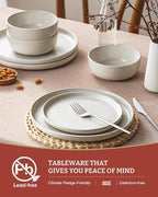 Famiware Milkyway Stoneware Dinnerware Sets with Pasta Bowls, Service for 6 (24 Pieces), Reactive Glaze Plates and Bowls Sets, Microwave and Dishwasher Safe Dishes Set, Matte Beige White
