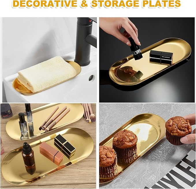 AKOLAFE 4PCS Stainless Steel Serving Tray Set Gold Platters for Serving Food Party Large Metal Trays Decorative 12" Long Plate Oval Storage Trays Thickened Serving Dishes for Entertaining Sushi Snack