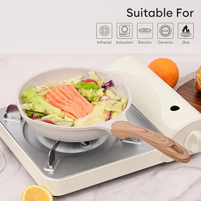 JEETEE 11 Inch Nonstick Frying Pan, Stone Coating Cookware, Nonstick Omelette Pan with Heat-Resistant Handle, Induction Skillet for Eggs (Beige)