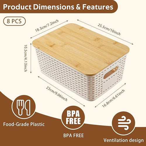 8 Pack Plastic Storage Bins with Bamboo Lids - Stackable Storage Baskets with Handle for Pantry Organizer and Storage, Plastic Containers Bins Lidded Storage Bins for Classroom Office Shelves