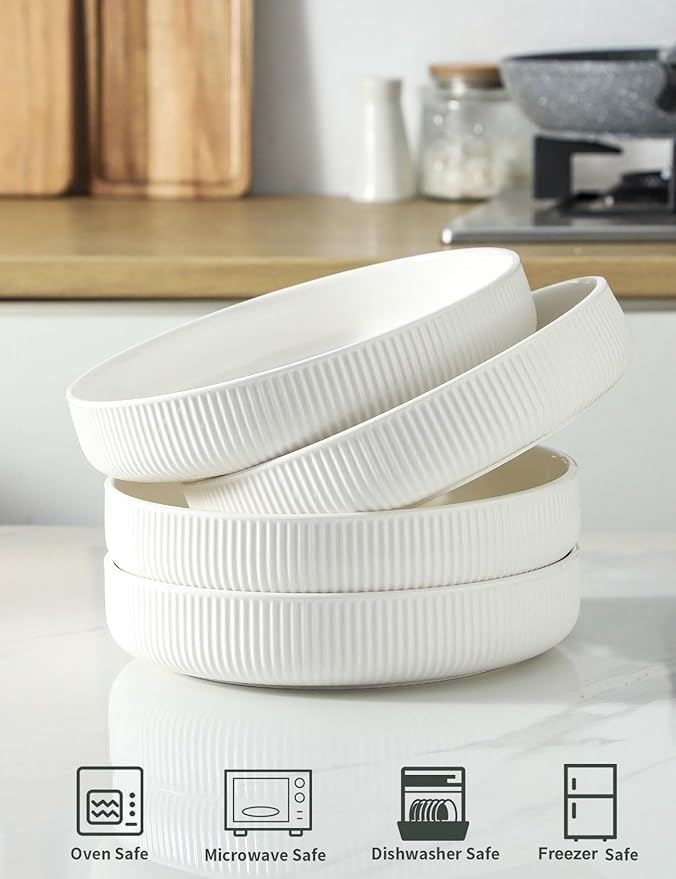 UBEE 8.5 inch Ceramic Pasta Bowls Set of 4, Big Salad Bowl, Large Dinner Plates, Microwave and Dishwasher Safe Ribbed Serving Bowls, White