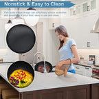 Carbon Steel Wok Pan with Lid & Wood Spatula, 12.5" Cast Iron Stir Fry Pan with Flat Bottom and Wooden Handle for Electric, Induction and Gas Stoves