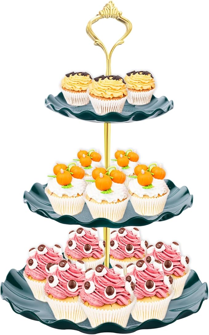 BACUTHY 3 Tier Cupcake Stand Holder, Plastic Cup Cake Stand Tower with Tiered Serving Tray for Cupcakes, Donuts, Fruits and More (Green)