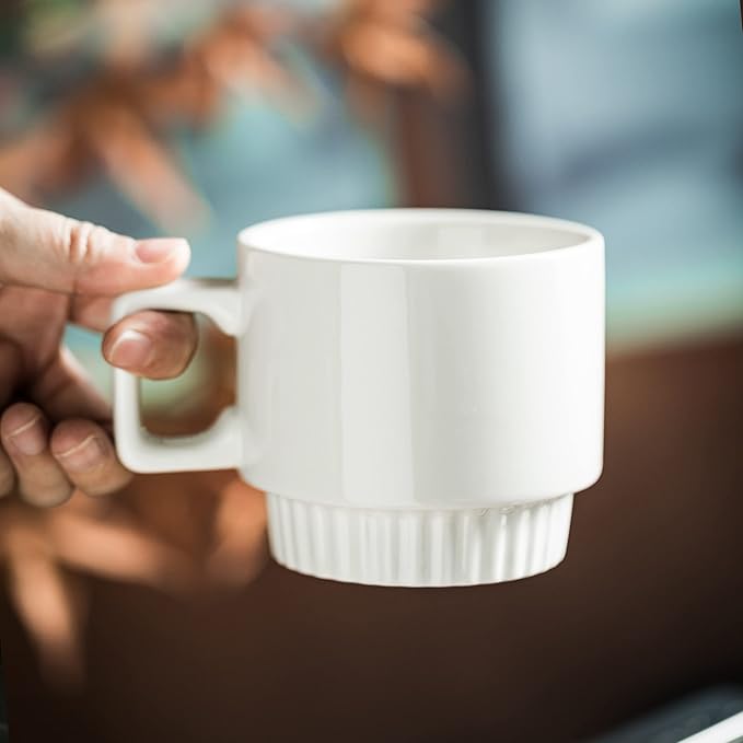 Miamolo Coffee Mugs Set of 4, Stackable Coffee Cups with Holder Spoons 11oz Ceramic Espresso Cup for Cappuccino Latte Tea Drinks, Dishwasher & Microwave Safe, White