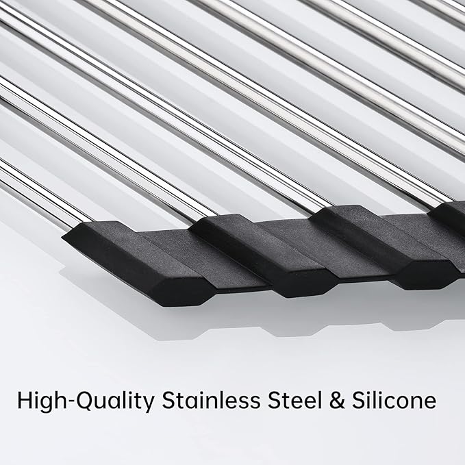 Tomorotec Foldable Stainless Steel Triangle Roll-Up Dish Drying Rack for Small Sink Corners - Over-The-Sink Multipurpose Kitchen Drainer, Rustproof Organizer, Trivet and Shelf - Space-Saving (Black)