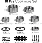 CAROTE 18pcs Stainless Steel Cookware Set with Detachable Handle, Nonstick Pots and Pans Set, Induction Kitchen Cookware Sets with Removable Handle, RV Cookware Set, Oven Safe, Camping Cookware, Black