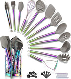 38 Piece Silicone kitchen Cooking Utensils Set with Utensil Crocks, Silicone Head and Stainless Steel Handle Cookware, Kitchen Tools for Utensil Set, Non-Stick kitchen Gadgets,Dishwasher Safe(Rainbow)