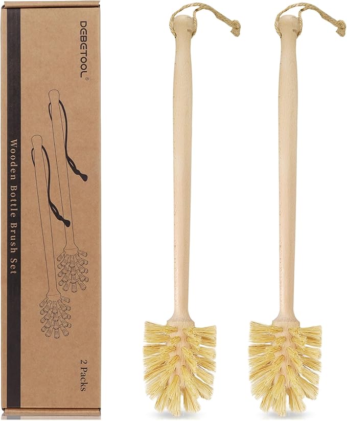 DEBETOOL 2-Pack Natural Wooden Bottle Brush with Sisal Bristles, Long Handle Bottle Brush Cleaner for Wide Mouth Jars, Water Bottles, Cups, Glasses, Baby Bottles (Non-Scratch)
