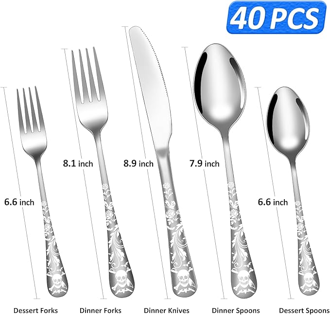 Skull Pattern Silverware Set for 8,OIULO 40-Piece Pirate Pirate Rose Flatware set,Skeleton Flower Bat Butterfly Unique Design,Mirror Polished Gothic tableware Knive Fork Spoon Halloween Party Gift