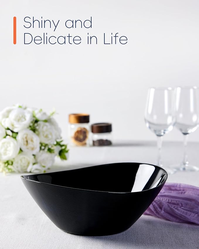 LaGlint 66 OZ Salad Bowl Set of 2, Opal Glass 10 inch Lightweight Serving Dishes for Salad, Fruit, Kitchen Microwave & Dishwasher Safe, Oval Shape Black