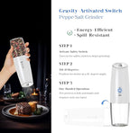 Rechargeable Electric Salt and Pepper Grinder Set, Gravity Activated, Adjustable Coarseness, LED Light, USB Charging, Ceramic Core, 150ml Transparent Hopper, Black + White