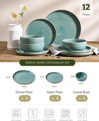 Famiware Meteor Plates and Bowls Sets for 4, 12 Pieces Dinnerware Sets, Microwave and Dishwasher Safe Dishes Set, Peacock Green