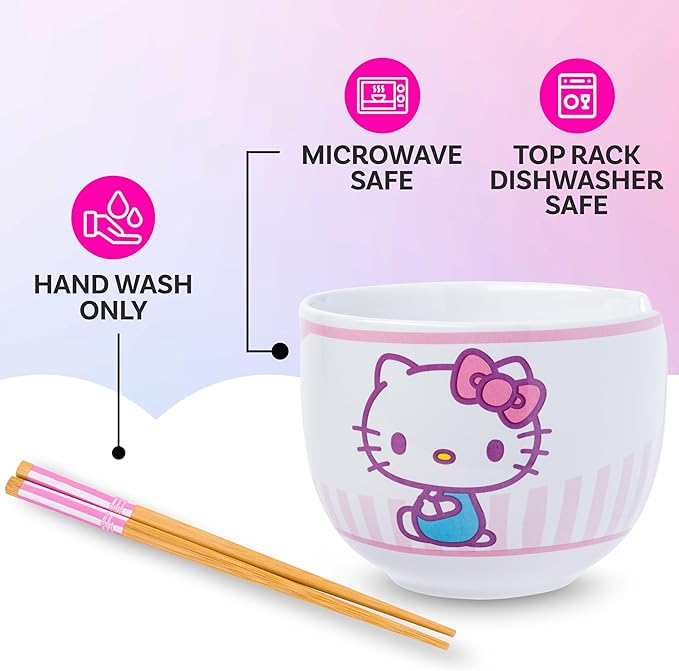 Silver Buffalo Sanrio Hello Kitty Pink Stripes Ceramic Ramen Bowl with Chopsticks, 20 Ounces