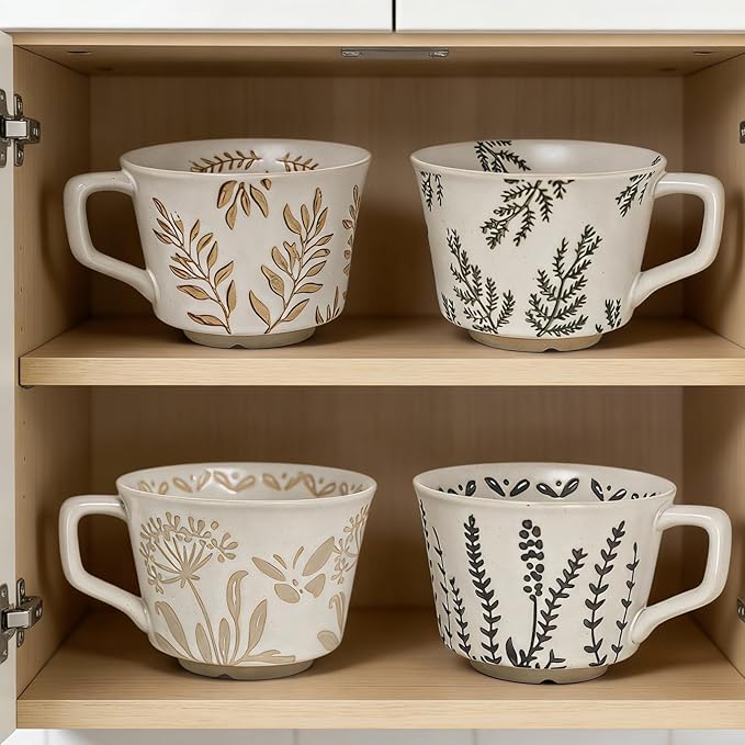 Vintage Ceramic Mug Set - 12 oz Unique Ceramic Coffee Mugs & Tea Cups with Hand-Drawn Patterns, Dishwasher & Microwave Safe, Ideal Gift
