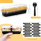 Mini Loaf Pans with Lids and Spoons (100 Pack, Black-gold, 6.8oz) Rectangular Aluminum Foil Baking Pans