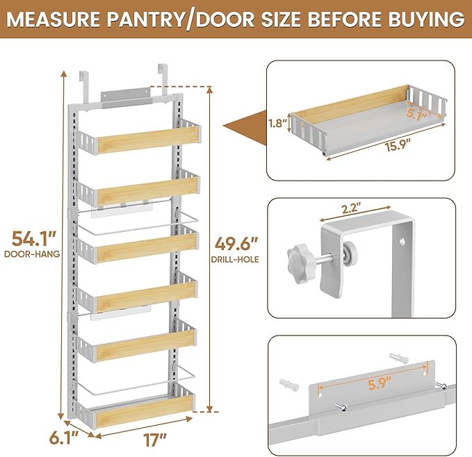 6 Tier Over The Door Pantry Organizer, 2-in-1 Door Hanging or Wall Mounted Spice Rack, Large Heavy Duty Pantry Door Storage Seasoning Shelves with Adjustable Basket for Kitchen Bathroom Closet