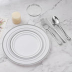 BESTVIP 600PCS Silver Dinnerware Set for 100 Guests, Plastic Plates for Party, 100 Silver Disposable Plates, 100 Dessert Plates, 100 Cups, 100 Spoons, 100 Forks and 100 Knives