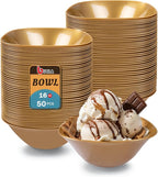 bUCLA 50Pack Gold Plastic Serving Bowls - 16oz Disposable Serving Bowls for Party Dessert/Ice Cream/Salsa/Snack
