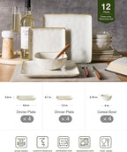 Famiware Dinnerware Sets for 4, Ocean Square 12-Piece Kitchen Plates and Bowls Sets, Microwave and Dishwasher Safe, Scratch Resistant, Vanilla White