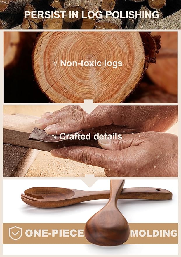 Nucookery Wooden Cooking Utensils Set with Holder, Teak Wood Utensils, Ceramic Holder for Countertop with Protection Cork Bottom, Nonstick Spoons, Spatula Set, 10 Pcs Kitchen Decor, (Stone Black)