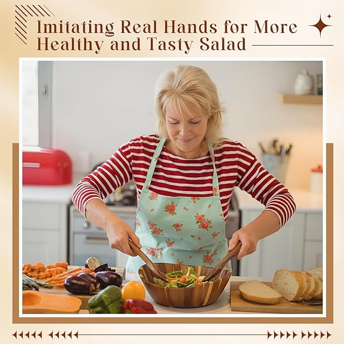 LemonRoad Wooden Salad Bowls Set 12 inch Wavy Large Acacia Wood Serving Bowl with 2 Wooden Hands 2 Utensils Fork Spoon for Fruit, Salad, Cereal, Corn flake, Pasta, Food (Regular Shaped)