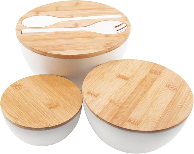 ECOWAY Salad Bowls Set of 3 with Lid & Serving Utensils, Bamboo Fiber Mixing Bowls Set Large Serving Bowls & Storage Set with Bamboo Lid for Salad, Kitchen Eating, Pasta, Popcorn, Chips, Fruit, White