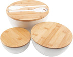 ECOWAY Salad Bowls Set of 3 with Lid & Serving Utensils, Bamboo Fiber Mixing Bowls Set Large Serving Bowls & Storage Set with Bamboo Lid for Salad, Kitchen Eating, Pasta, Popcorn, Chips, Fruit, White