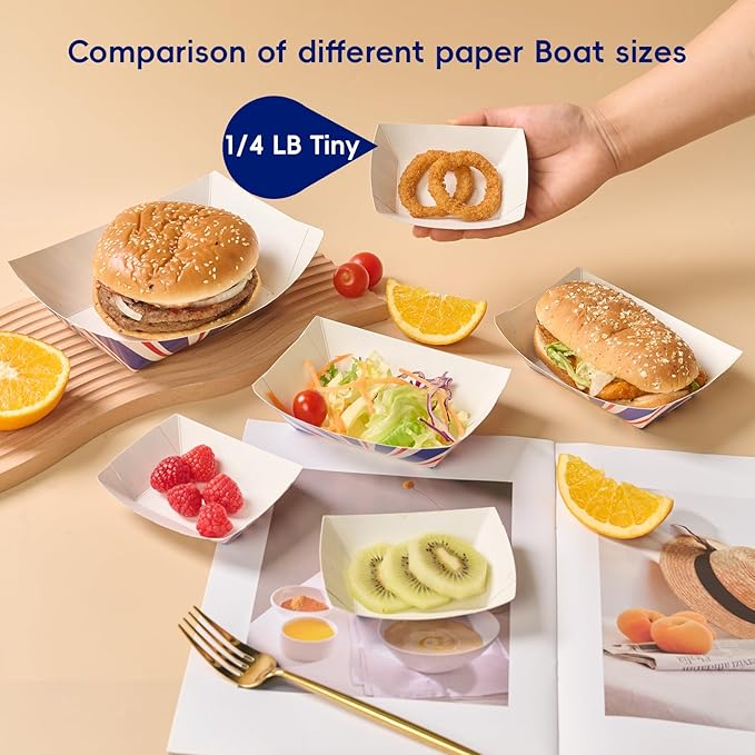 JOLLY CHEF 250 Pack 1/4 Lb Paper Food Trays, Mini Disposable Food Boat for Gameday, Small Paper Food Serving Boats for Snack Dessert Taco Nacho