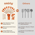 Silicone Kitchen Utensils Set & Holder: Cooking Utensils Set - Kitchen Essentials for New Home & 1st Apartment- Silicone Spatula Set, Cooking Spoons for Nonstick Cookware (Acacia Wood, Oange)