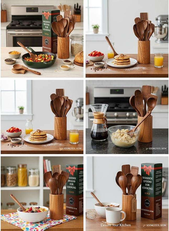 12-Piece Natural Teak Wood Utensil Set with Holder & Rest - Nonstick Cooking Spoons, Spurtles, Heat Resistant Tools