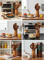 12-Piece Natural Teak Wood Utensil Set with Holder & Rest - Nonstick Cooking Spoons, Spurtles, Heat Resistant Tools