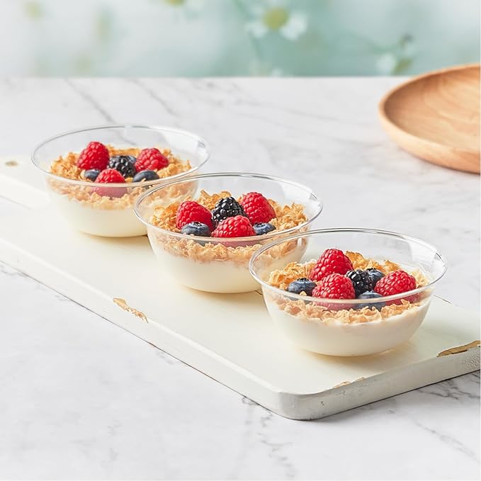 Qeirudu 10 oz Small Clear Plastic Bowls, 60 Pack Disposable Hard Plastic Party Serving Bowls for Salads, Ice Creams, Fruit, Desserts, Parfaits, Snacks