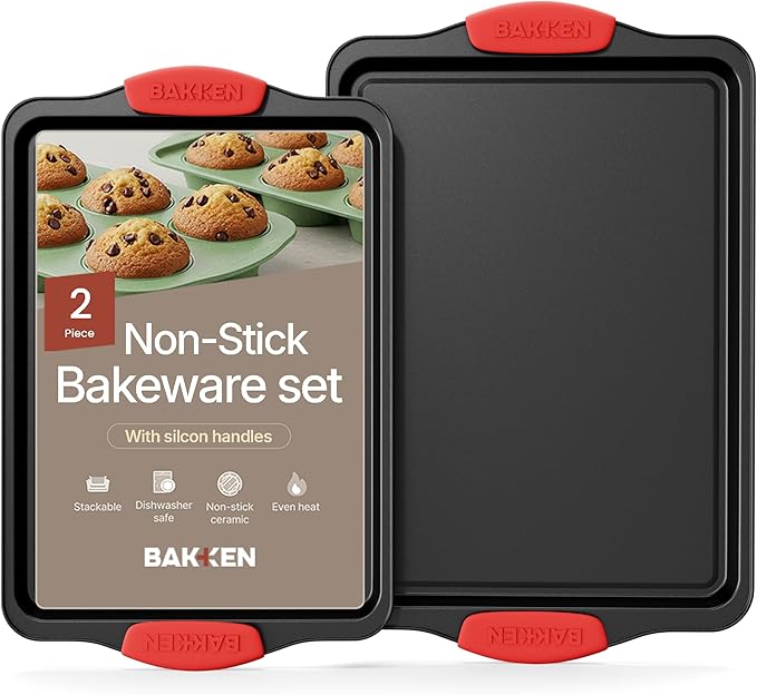 BAKKEN Kitchen Baking Pans - Medium (15.15 × 10.03") and Large (17.1 x 11.8") Nonstick Sheets, Carbon Steel Cookie Sheets with Red Silicone Handles, PFOA, PFOS, PTFE Free, Oven Safe (450°F), Set of 2