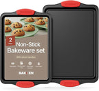 BAKKEN Kitchen Baking Pans - Medium (15.15 × 10.03") and Large (17.1 x 11.8") Nonstick Sheets, Carbon Steel Cookie Sheets with Red Silicone Handles, PFOA, PFOS, PTFE Free, Oven Safe (450°F), Set of 2