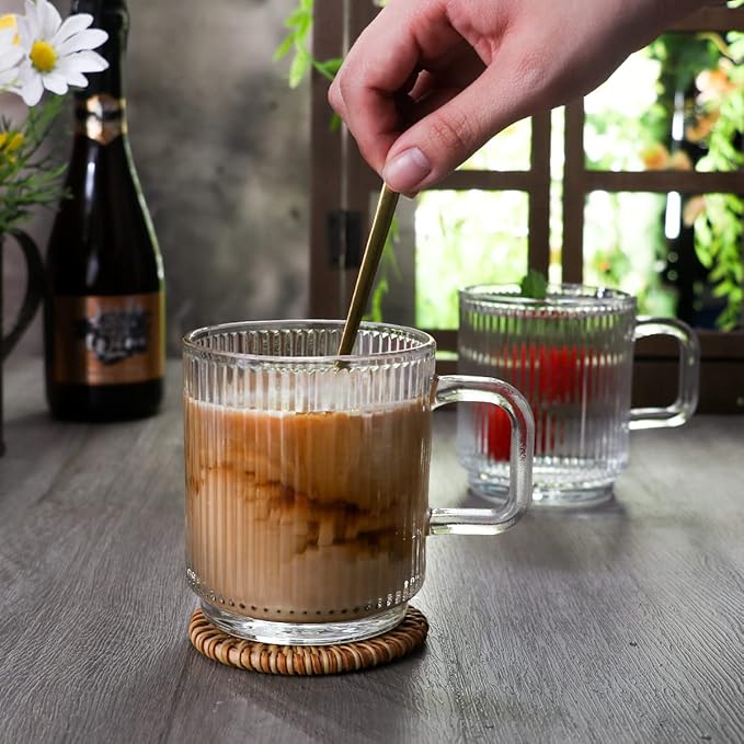 Clear Glass Coffee Mug Set of 4, 12 Ounces Ribbed Glassware with Spoon, Classic Vertical Stripes Tea Mugs for Soda, Latte, Espresso, Cappuccino, Gift for Birthday Holidays Wedding Anniversary