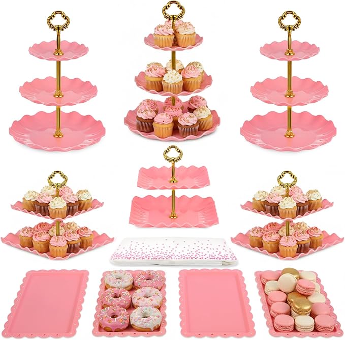 Pack of 10 NWK Cake Stand Set, with 3 x Two-Tier and 3 x Three-Tier Cupcake Stands, 4 x Appetizer Trays, 1 x Tablecloth for Birthday Bridal Baby Shower Party (Pink)