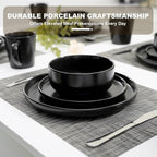EWFEN 16-Piece Ceramic Dinnerware Sets with Mugs for 4, Black Plates and Bowls Set with Classic Design, Scratch Resistant Dishes Set, Dishwasher & Microwave Safe