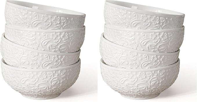 Artena Ceramic Cereal Bowls 26 oz, Embossment Soup Bowls Set of 4, White Salad Bowl for Kitchen, Dinner, Breakfast, Oatmeal, Rice, Pasta, Dishwasher Microwave Safe, 6 inch (Flower) (Pack of 2)