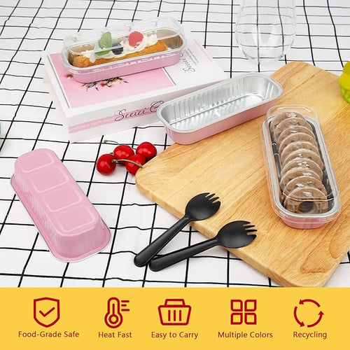 6.8oz Mini Loaf Pans with Lids 100 Pack,LNYZQUS Rectangle Aluminum Pans Mini Cake Tins,Disposable Baking Pan Small Cake Containers for Brownie Bread Cheesecake-Pink